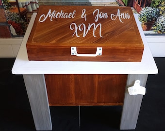 Rustic Farmhouse style custom wood cooler -handmade personalized Laser engraved mini patio ice chest, Yeti, wedding gift