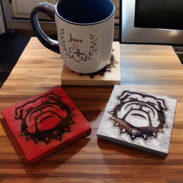 Georgia Bulldogs- Farmhouse style , set of 4 coasters -Rustic, Birthday gift,Laser engraved, home decor,, custom handmade,Fathers day gift