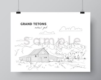 Grand Teton National Park Coloring Page Printable Digital Download