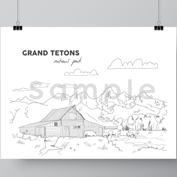 Grand Teton National Park Coloring Page Printable Digital Download