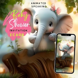 Animierte Babypartyeinladung, Babypartyvorlage, Es ist eine Mädchen-Babyparty einladen, Animierte Einladen Video Musik Sprechen Ellie Elefant