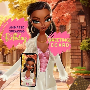 Cartão de aniversário de mulher negra, vídeo animado de aniversário mágico de menina negra digital com música falando sobre a africana Tiffany Bday