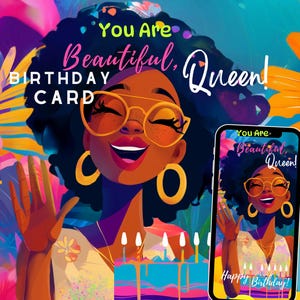 Cartão de aniversário de mulher negra, vídeo de cartão de felicitações, óculos digitais de menina negra africana, vídeo animado de aniversário mágico com música, bolo Serena BD