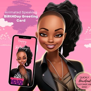 Cartão eletrônico de aniversário de mulher negra, vídeo animado com melanina digital, vídeo mágico de aniversário de menina negra com música e fala "Ei, garota, aniversário"