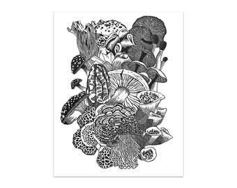 May include: Black and white illustration of various mushrooms. The artwork features detailed depictions of different mushroom species, including those with spotted caps and textured stems. The composition is dense, showcasing a variety of shapes and sizes.