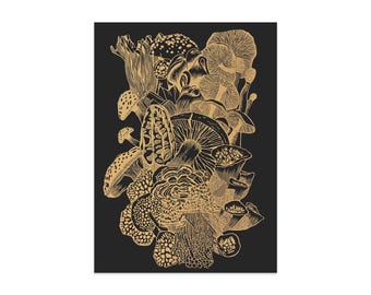 May include: A detailed illustration of various mushrooms in shades of gold and brown against a black background. The artwork showcases a variety of mushroom types, with intricate details and textures, creating a botanical theme.
