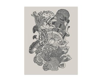 May include: A black and white illustration of various mushrooms, including morels, toadstools, and other fungi. The detailed drawing features a variety of shapes and textures, set against a neutral background. The artwork is a botanical study of different mushroom species.