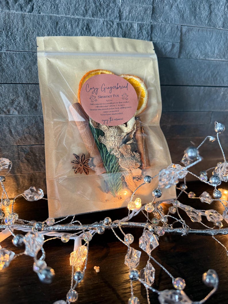 May include: A clear plastic pouch containing dried orange slices, cinnamon sticks, star anise, ginger pieces, and pine needles. A round pink label on the front reads Cozy Gingerbread Simmer Pot with instructions and the phrase enjoy the aroma.