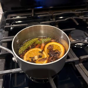 May include: A stainless steel saucepan sits on a black stovetop, filled with simmering liquid containing two round orange slices, a green pine sprig, several dark brown star anise, and whole cloves, creating a fragrant stovetop potpourri.