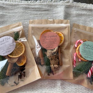 May include: Three clear pouches containing dried simmer pot ingredients. The left pouch labeled Fireside Blend features orange slices, cinnamon sticks, and pine needles. The center pouch labeled Cozy Gingerbread includes ginger, cinnamon, and pine. The right pouch labeled Christmas Spirit contains orange slices, pine, cinnamon, and candy canes.