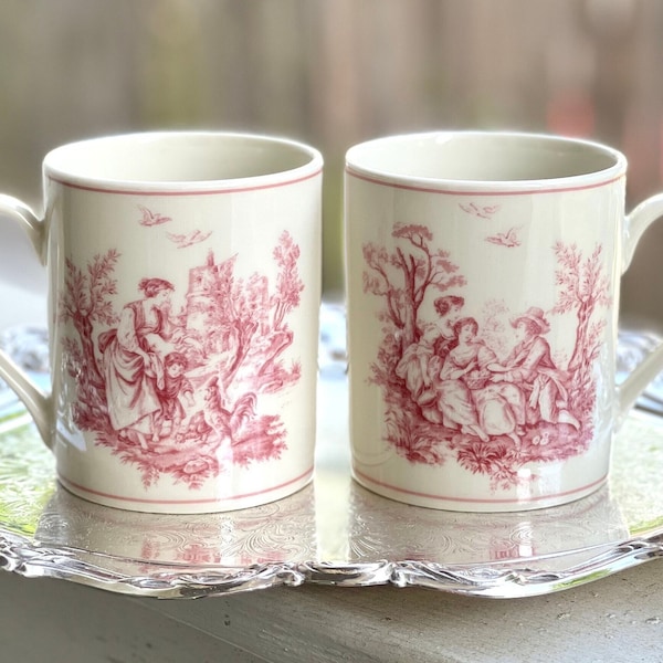 Set of 2 Godinger Toile Mugs/Pink Transferware/Red Transferware/Mugs with Pastoral Scenes/Vintage Mugs