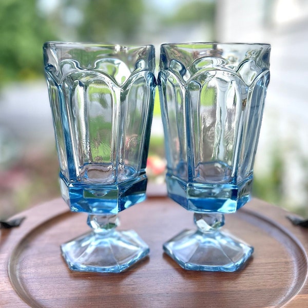 Fostoria Virginia Light Blue iced teas/footed iced teas/boho glassware/retro glassware/vintage goblets/light blue goblets-  Set of 2