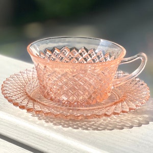 Antique Pink Depression Glass Square Optic Tea Cup and Saucer Set