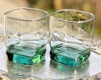 Set of 2 Libbey Carrington Green Double Old Fashioned Glasses/Whiskey Glasses/Lowball Glasses/Old Fashioned Glasses/Vintage Cocktail Glass