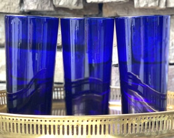 Pier 1 Cobalt 20 ounce Flat Tumblers/Pier One Cobalt Flat Tumblers/Cobalt Blue Glasses/Cobalt Iced Tea Glasses/Blue Glass Tumblers- set of 3