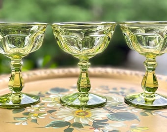 Imperial Glass Old Williamsburg Verde Green Champagne Coupes/Craft Cocktail Glass/Martini Glasses/Coupe Style Glasses/Vintage Coupes - Set/3