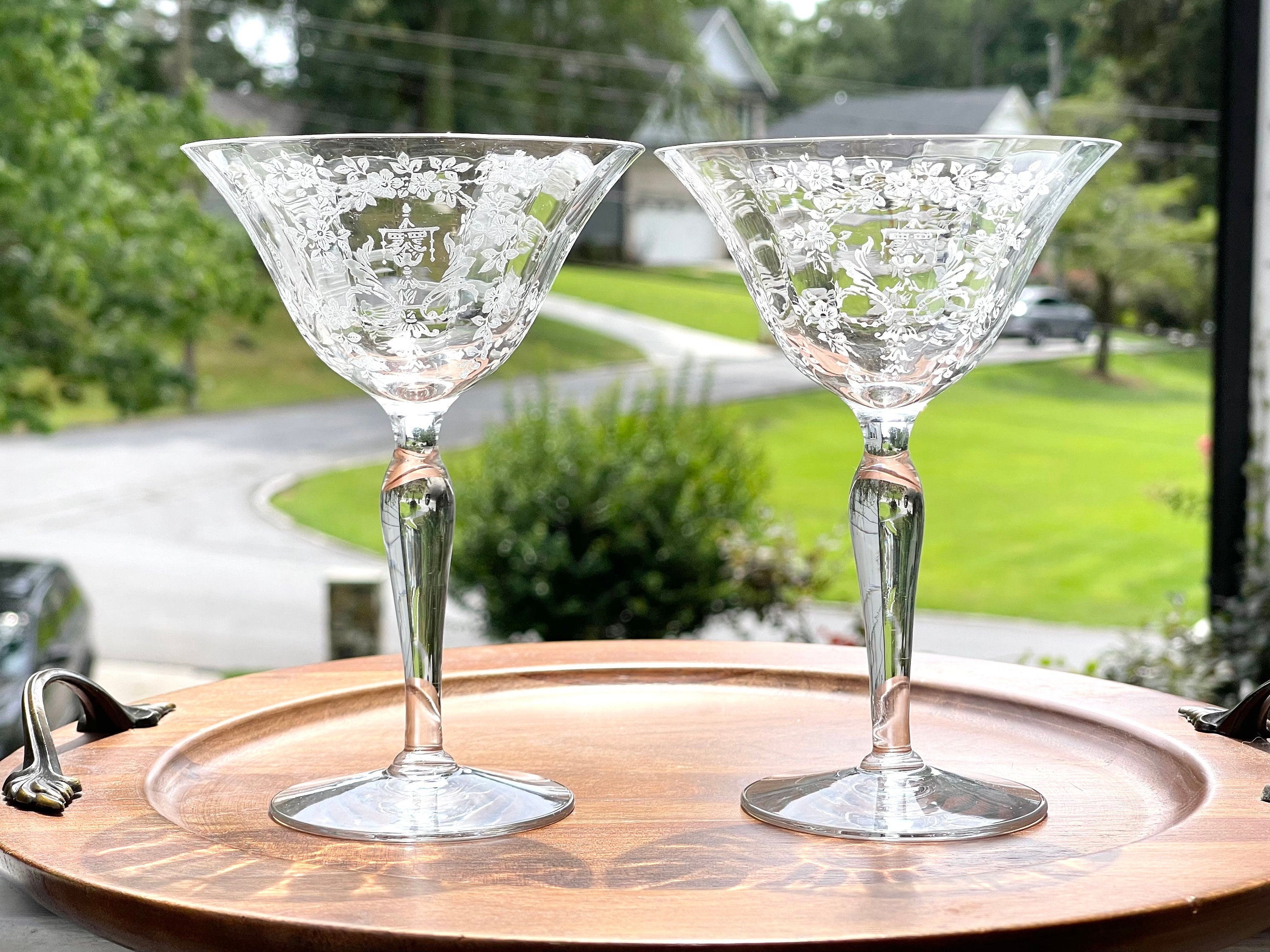 2 Vintage Etched ~ Black Stem Cocktail ~ Martini Glasses, Morgantown,  Baden, circa 1931, Unique Vintage Martini Glasses with Black Stem