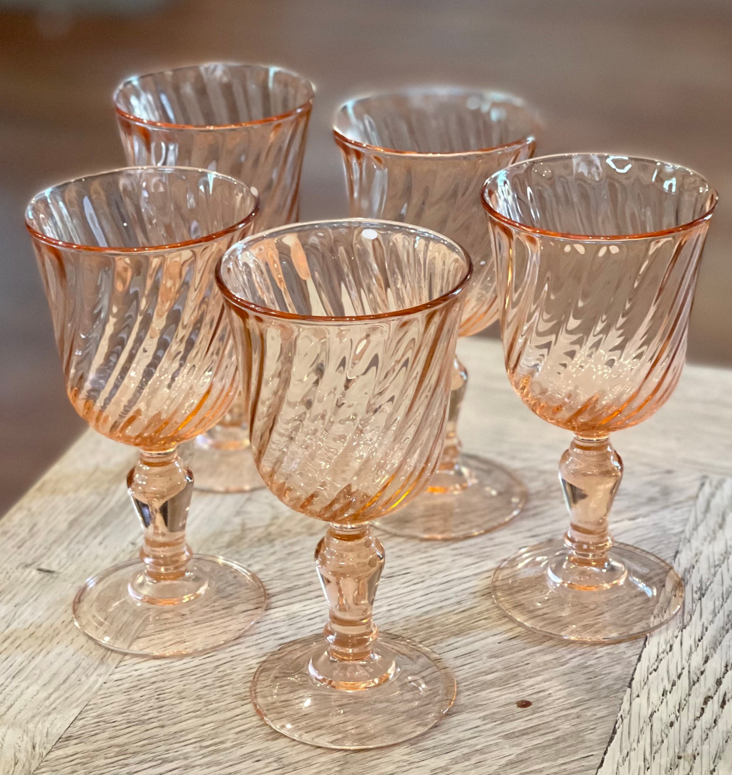 Vintage Pink Stem Wine Glasses Luminarc France Set of 5 Stemware Rosé 