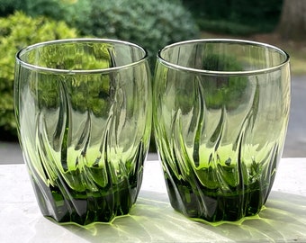 Vintage Anchor Hocking Central Park Green old fashioned glass/green whiskey glass/green lowball glass/green rocks glass/retro glassware S/2