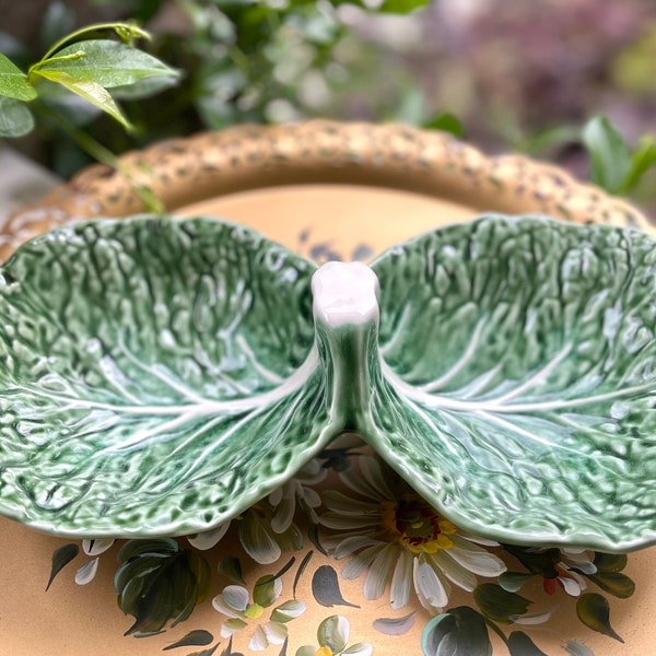 Olfaire 2 part Serving Dish/Cabbage Leaf divided relish/Cabbage Leaf Serving Bowls/Olfaire made in Portugal/Cabbage Leaf Dip Bowls/Majolica