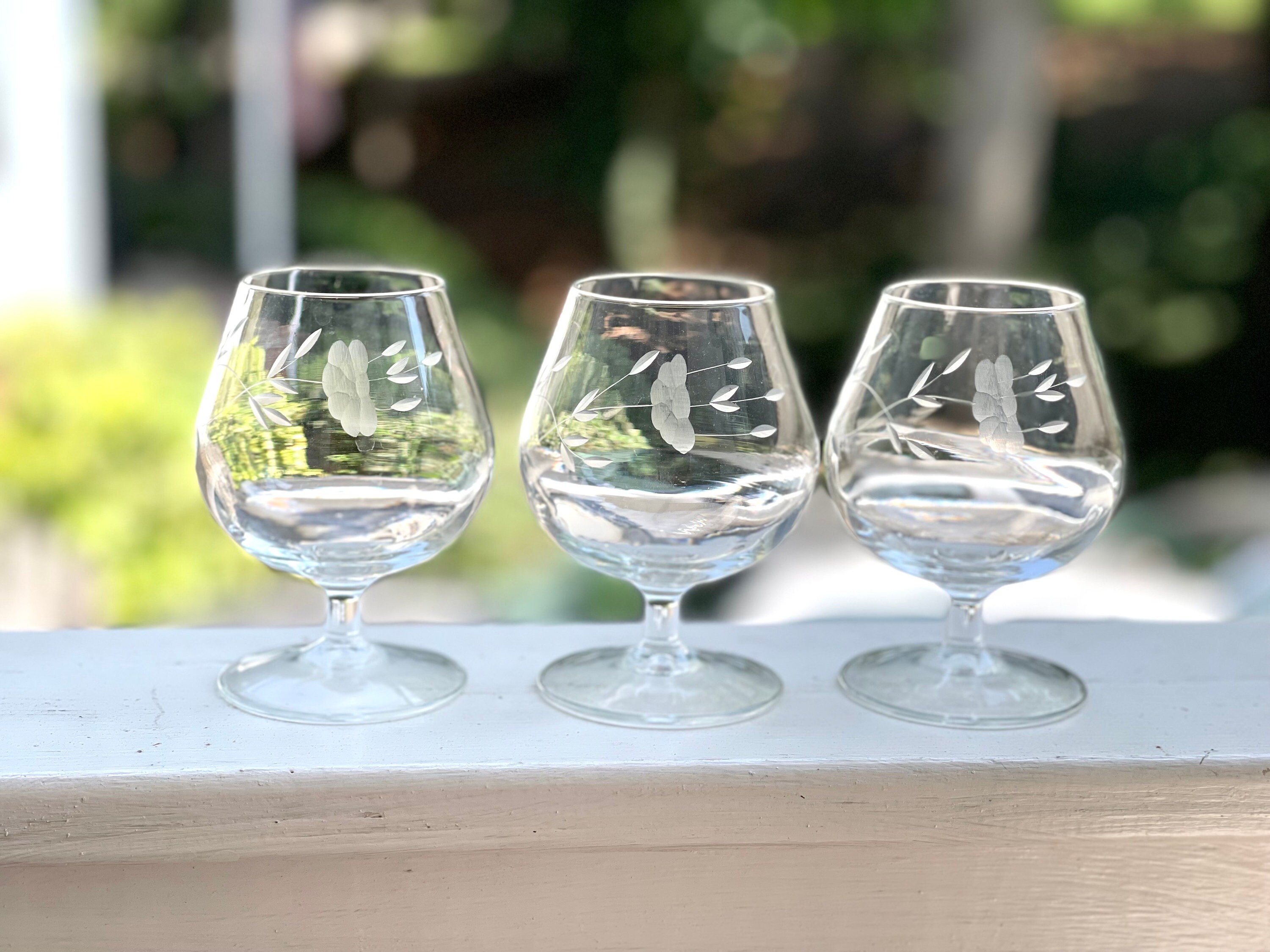Princess House Heritage Brandy Glasses/brandy Snifters/etched Brandy Glass/gray Cut Brandy Glass