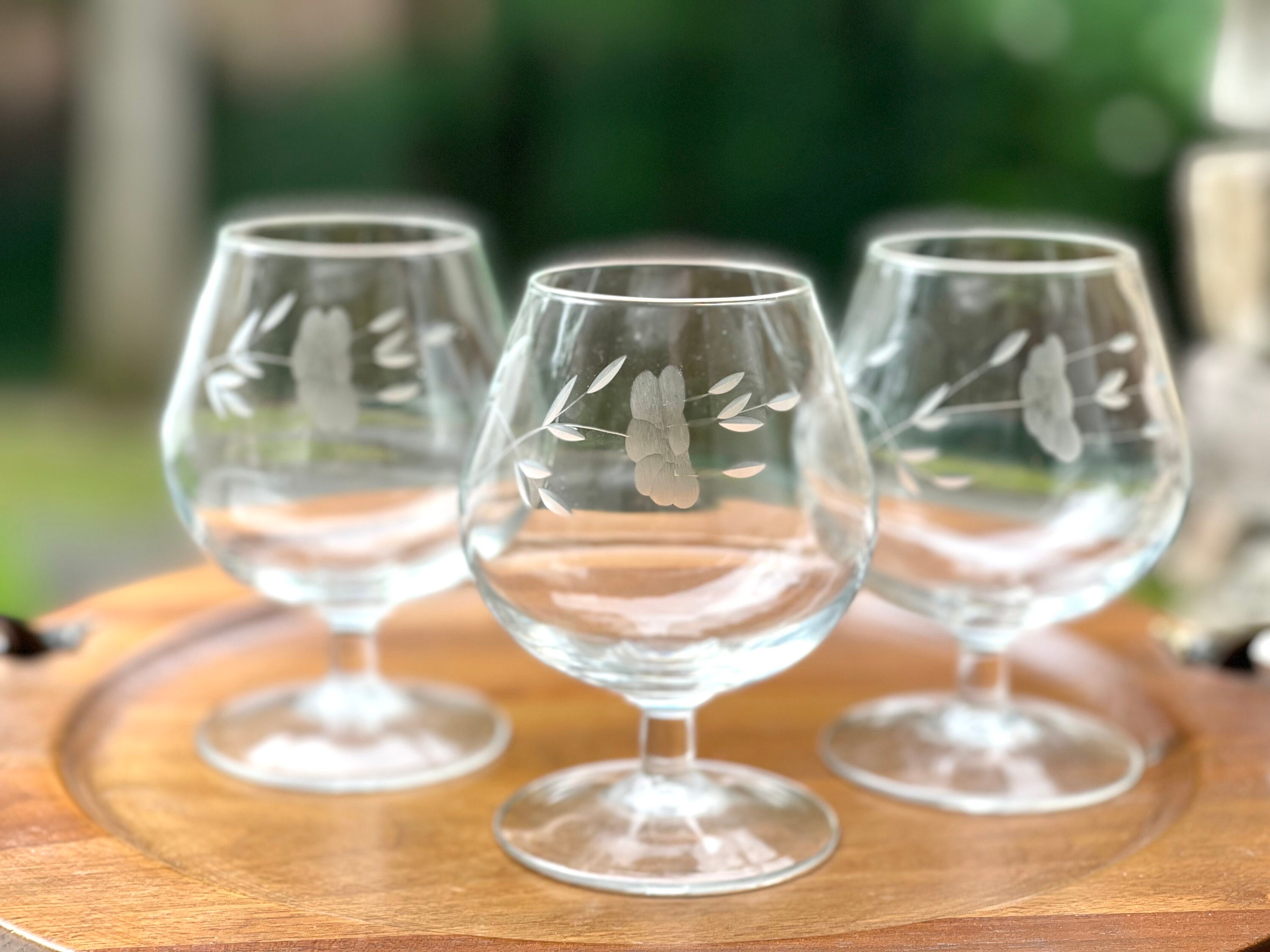 Princess House Heritage Brandy Glasses/brandy Snifters/etched Brandy Glass/gray Cut Brandy Glass