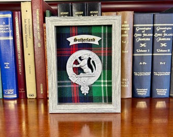 Sutherland Framed Scottish Clan Tartan Badge Crest