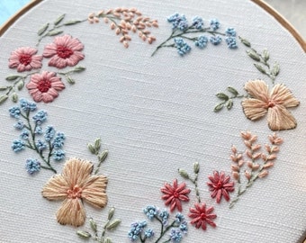 Floral Heart Embroidery kit, Beginner DIY embroidery, Full kit, Modern hand embroidery
