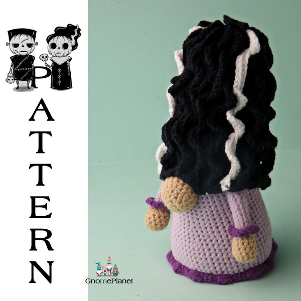 crochet Bride of Frankenstein gnome pattern, crochet Halloween gnome pattern