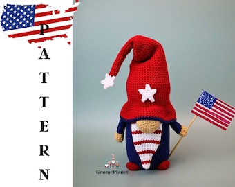 Crochet Patriotic Gnome Pattern, amigurumi American Flag Dwarf, Crochet Independence Day Decor, 4th of July gnome