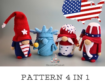 Crochet patriotic gnome pattern 4 in 1, Independence Day gnomes