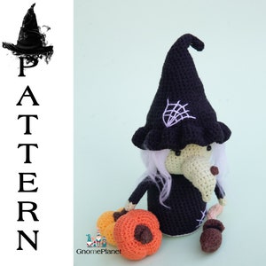 May include: Crocheted witch doll with a black hat, white hair, and a long nose. The doll is holding a pumpkin and an acorn. The doll is standing on a light green background. The word "PATTERN" is written vertically in black letters on the left side of the image.