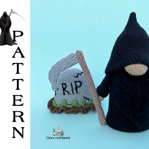 May include: A crocheted gnome dressed as the Grim Reaper with a black hooded robe and a scythe. The gnome is standing next to a crocheted tombstone with the words "RIP" on it.