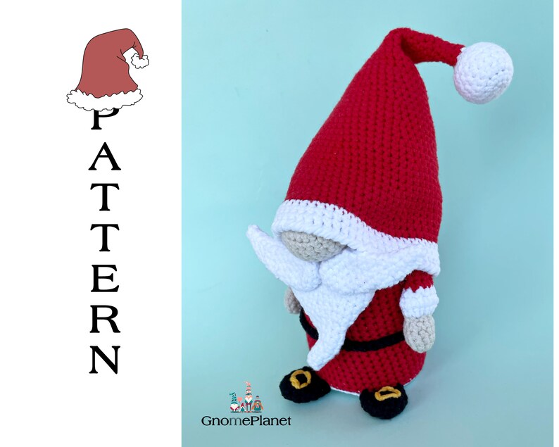 May include: Crocheted Christmas gnome pattern. The gnome is wearing a red hat with a white pom-pom, a red and white outfit, and black shoes. The pattern is available for download.