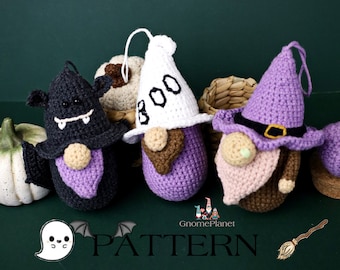 Patrón de gnomo de Halloween a crochet, conjunto de amigurumi 3 en 1 (patrón en PDF)