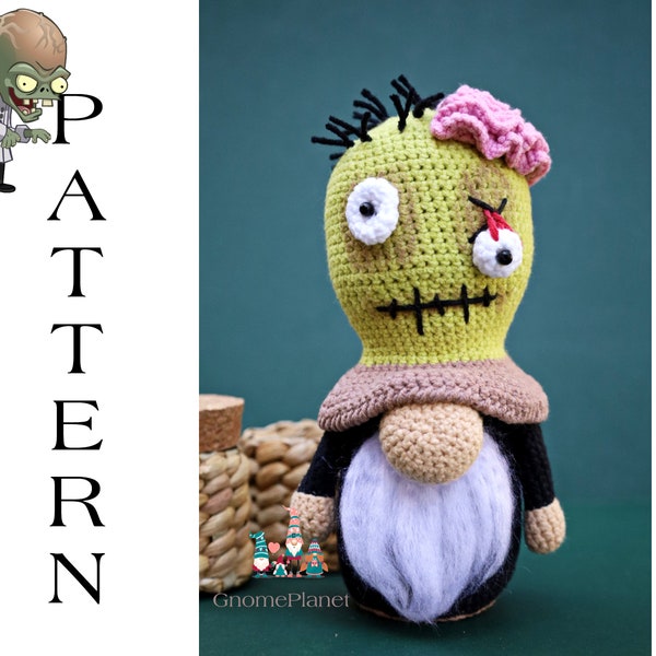 Crochet zombie gnome pattern, amigurumi Halloween horror gnome tutorial