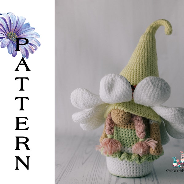 Crochet daisy gnome pattern, crochet flower gnome, garden gnome pattern