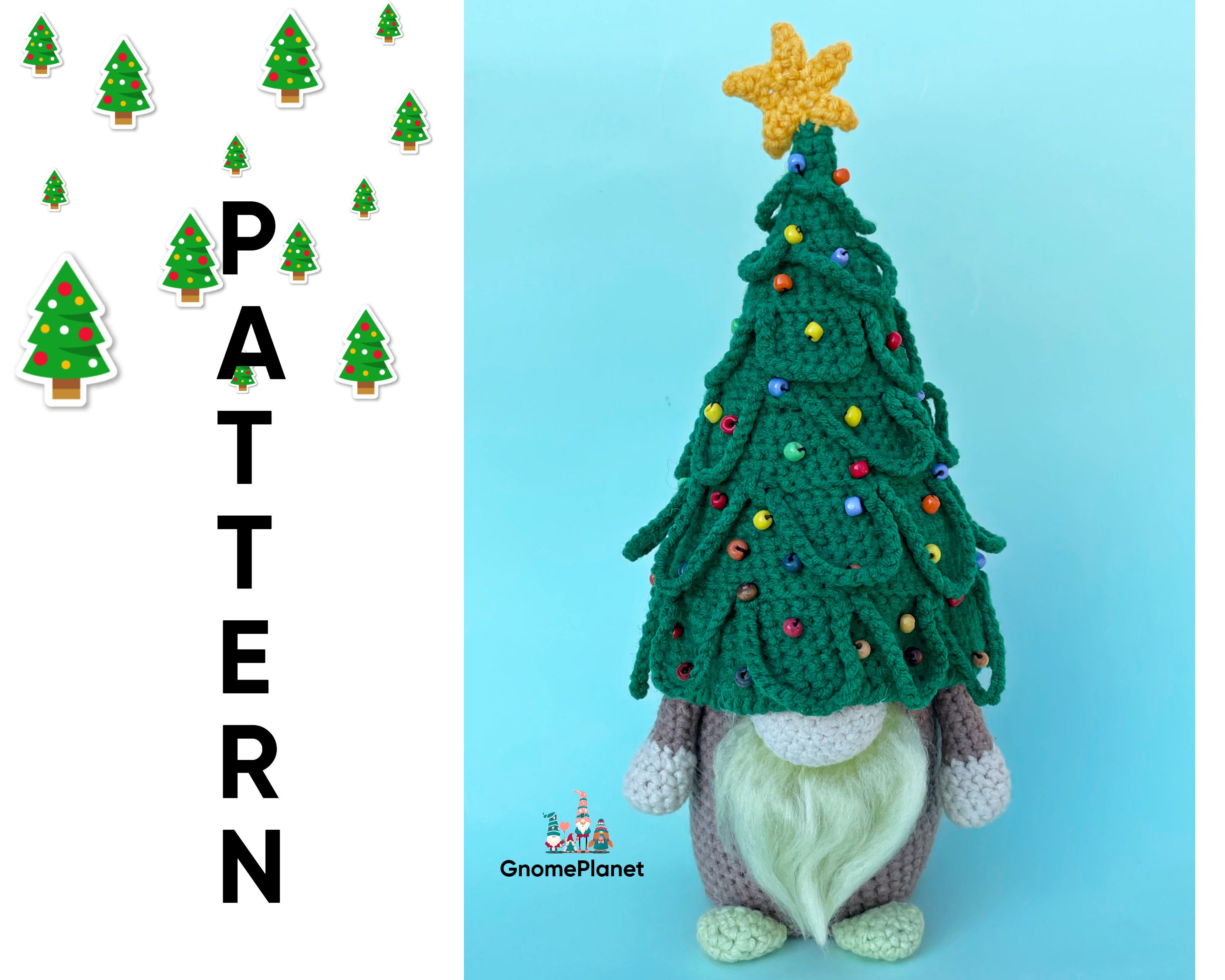 かぎ針編みのクリスマスツリーのノームのパターン、あみぐるみの