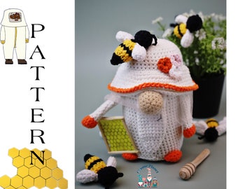 Crochet beekeeper gnome pattern, amigurumi bee pattern