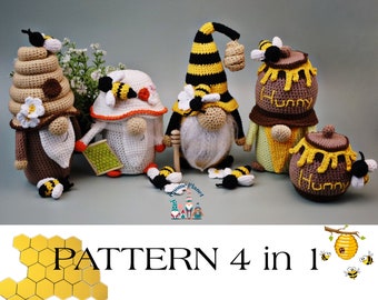 Crochet garden gnome pattern set 4 in 1, amigurumi garden gnomes