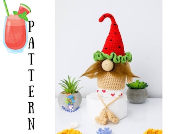 Crochet Summer gnome pattern, amigurumi watermelon gnome