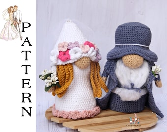 wedding couple crochet gnome patterns 2 in 1, amigurumi wedding gnome set