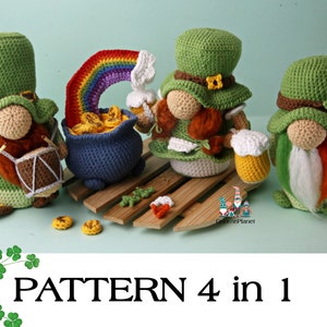 Puede incluir: Patrón de crochet para cuatro gnomos irlandeses, cada uno con un accesorio diferente: un tambor, una jarra de cerveza, una olla de oro y un arcoíris. El patrón se titula "PATTERN 4 in 1".