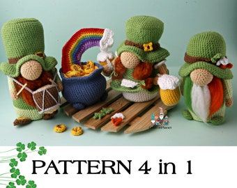 Crochet St. Patrick&#39;s Day gnome pattern set 4 in 1, amigurumi leprechaun gnome tutorials