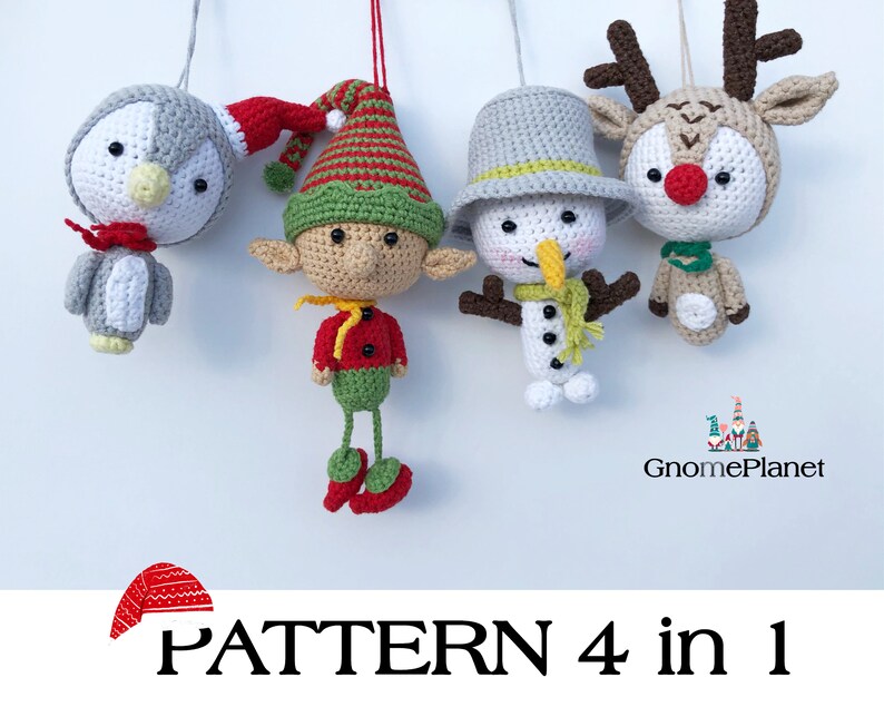 Crochet Christmas ornament patterns 4 in 1, amigurumi ornament set image 1