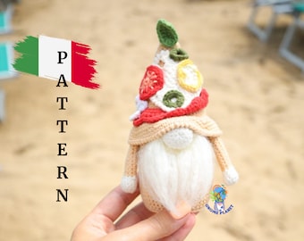 May include: A crocheted gnome wearing a pizza hat. The hat is made of red, yellow, green, and white yarn and has a green leaf on top. The gnome has a white beard and a beige body. The gnome is holding a sign that says "Gnome Planet".
