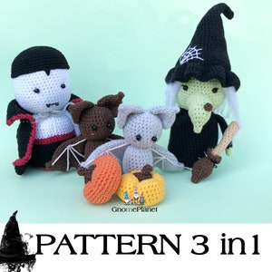 May include: Crochet pattern for a vampire, witch, and bat. The pattern is called "PATTERN 3 in 1".