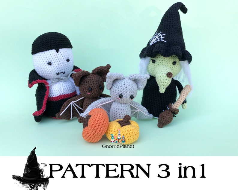 May include: Crochet pattern for a vampire, witch, and bat. The pattern is called "PATTERN 3 in 1".