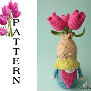 Crochet tulip gnome pattern, garden gnome amigurumi pattern