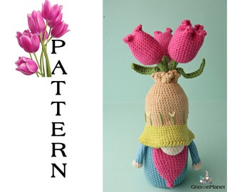 Crochet tulip gnome pattern, garden gnome amigurumi pattern
